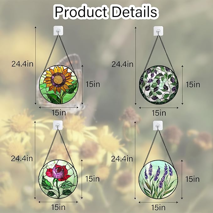 Stained Glass Window Hanging 4 Pcs Set Red Roses Yellow Sunflowers Large 15" - Flower Suncatcher Door Garden Sun Catcher Decor Birthday Mother's Day for Mom Woman Nana Girl