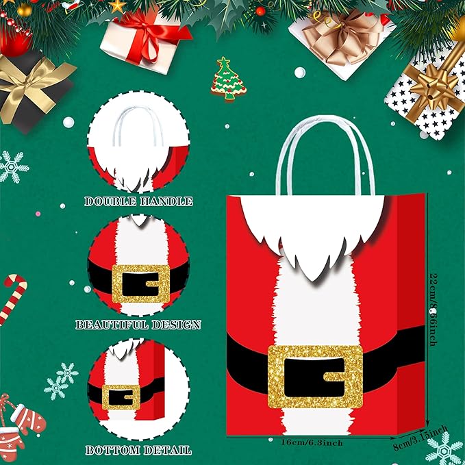 HongXingHai 16Pcs Fine Christmas Kraft Paper Gift Bags with Handles - Christmas Prints for Holiday, Xmas, Party Favors