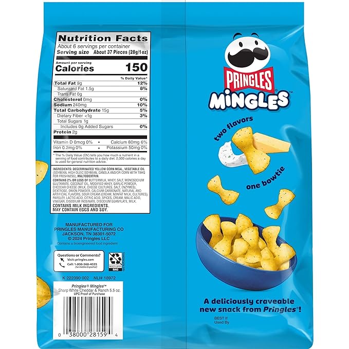 Pringles Mingles Puffed Snacks, Sharp White Cheddar and Ranch, Cheese Puffs, Salty Snacks (6 Bags)