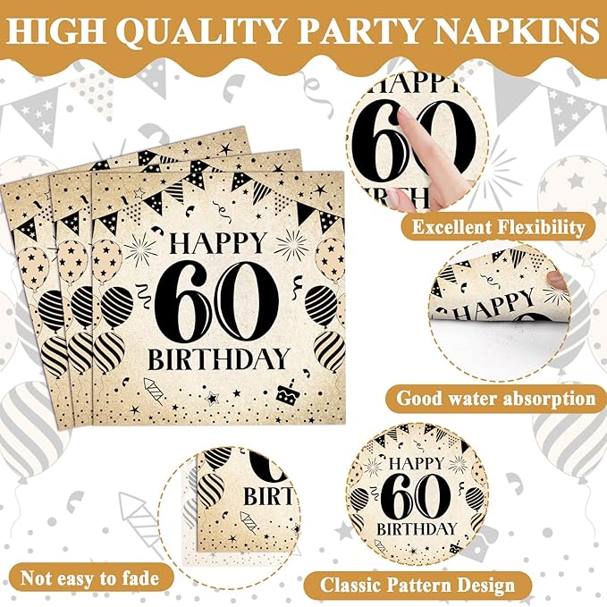 96Pcs 60th Birthday Party Paper Plates and Napkins for Back in 1966 Themed Party Supplies Vintage 60 Year Old Dessert Plates 60th Tableware for Men Women Birthday Gatherings Decorations