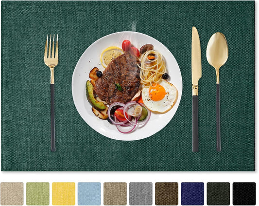 Romanstile Cloth Placemats Set of 8-12 x 18 Inch, Heat Resistant Double Layered Thickened Burlap Christmas Place Mats, Washable Linen Farmhouse Table Mats for Kitchen/Dining/Party/Outdoor, Green