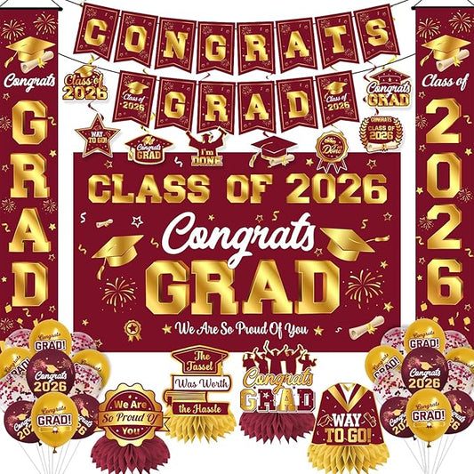 Graduation Decorations Class of 2026 Maroon and Gold Graduation Party Decor Set include Congrats Grad Banner Backdrop Class of 2026 Balloons Party Supplies