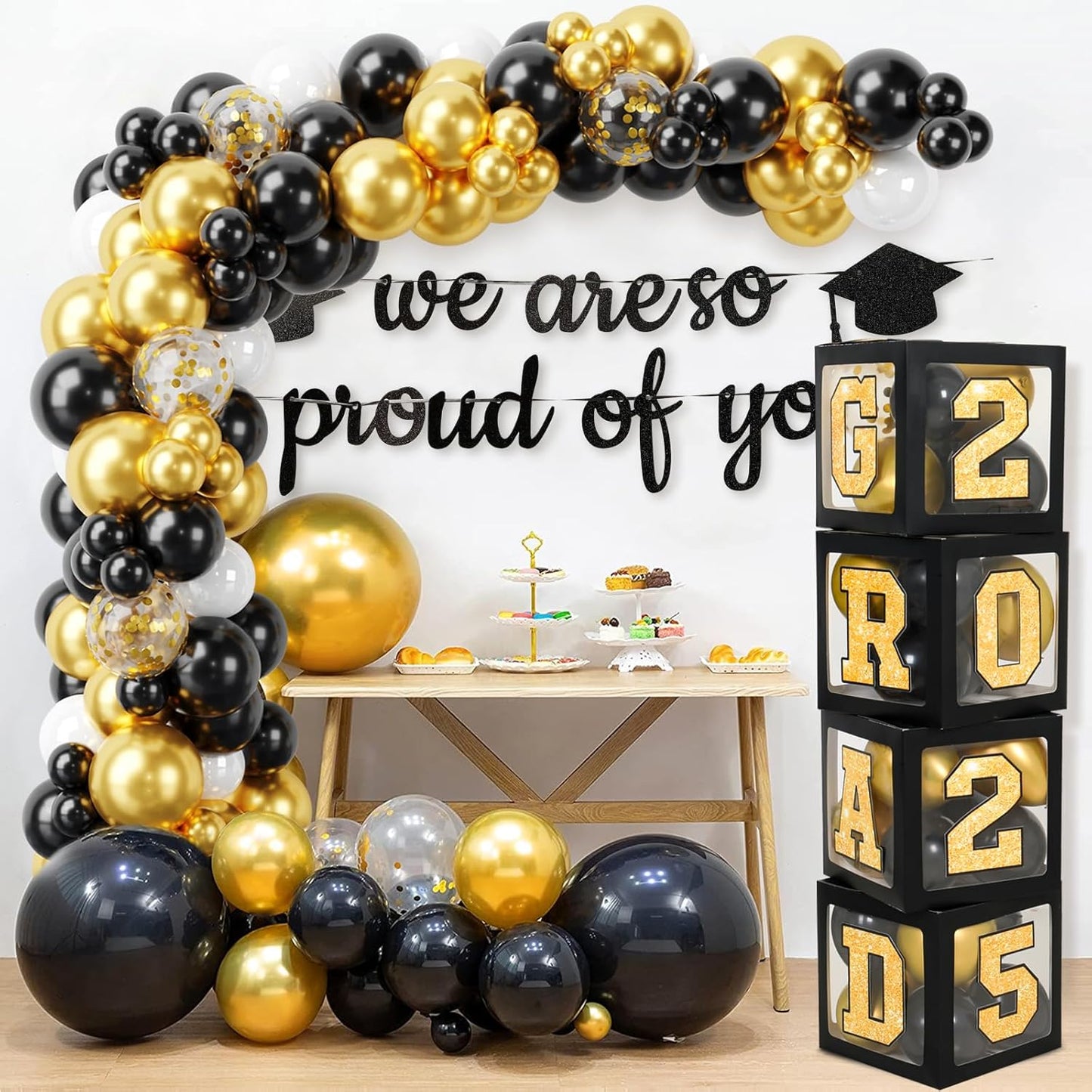 Graduation Decorations Class of 2025 - Black Gold Graduation Party Decorations include Balloon Boxes with Letters, Banner and Balloon Arch Kit for 2025 Grad Party Supplies Photo Backdrop
