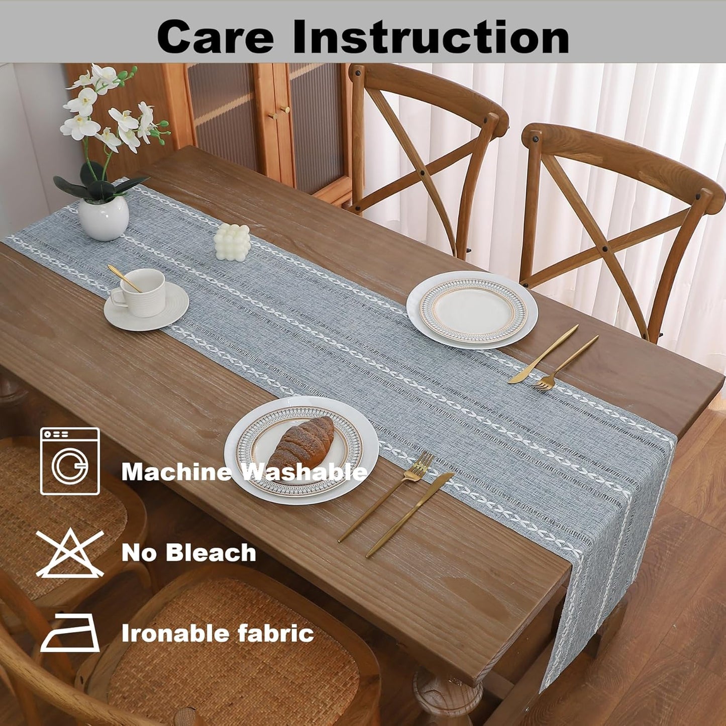 Gernaice Boho Table Runner, Rustic Cotton Linen Farmhouse Table Runners for Dresser End Coffee Table Home Decor, 24" L X 13" W Blue