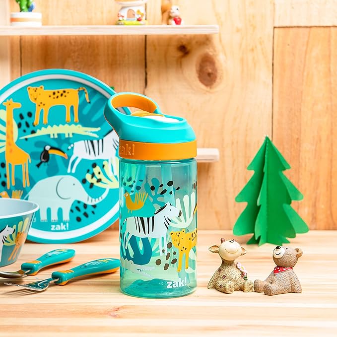 Zak Designs 5-Piece Dinnerware Set, Safari - Durable Plastic & Stainless Steel - Includes Water Bottle, 8-Inch Plate, 6-Inch Bowl, Fork & Spoon - Suitable for Kids Ages 3+