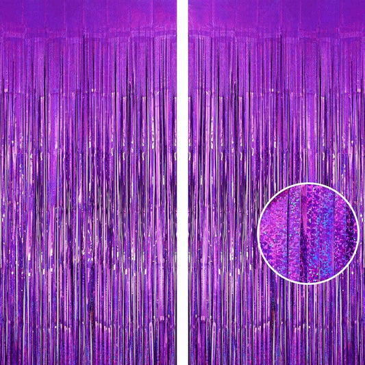 Purple Tinsel Foil Fringe Curtain Backdrop, 2 Pack Metallic Glitter Curtains Party Decorations Streamers, Xmas Purple Backdrop for Birthday Wedding Bridal Shower Homecoming New Year