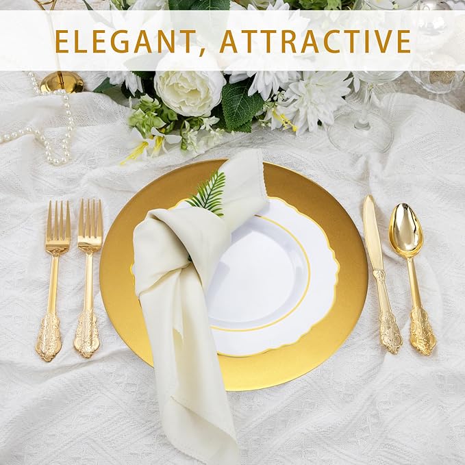 Cheardia 12 Pack Plastic Gold Charger Plates, 13 Inch Round Decorative Serving Dinner Charger Plate Bulk for Wedding, Catering, Parties, Restaurant, Home