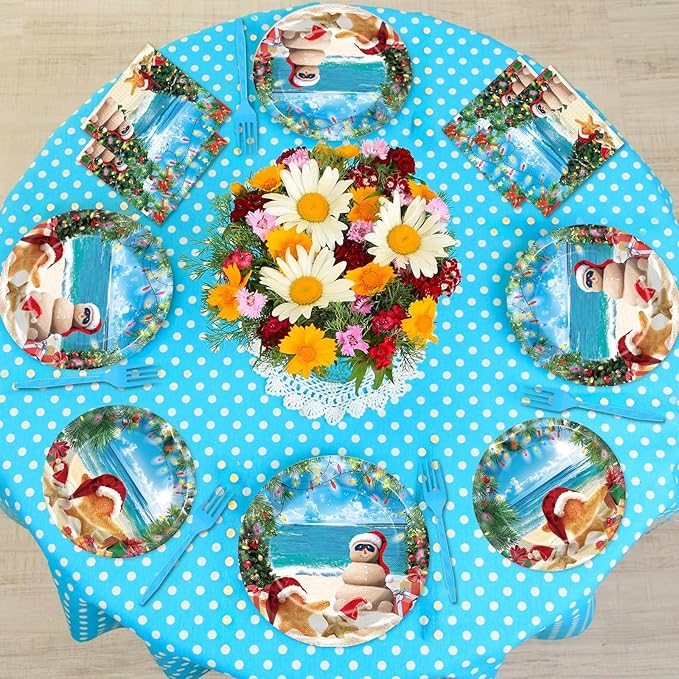 CHUNNIN 96 Pcs Summer July Christmas Plates and Napkins Xmas in July Party Decorations Disposable Dessert Plates Hawaiian Beach Tableware Set for 24 Guests Tropical Birthday Party Supplies