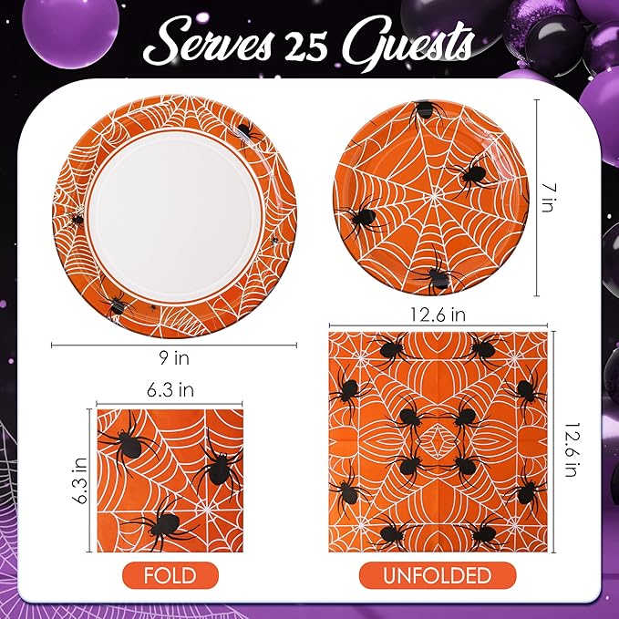 75pcs Spider Party Supplies, 25 Guest Disposable Paper Plates & Napkins, Tableware Decorations Favors, Including 9" & 7" Plates & Napkins for Halloween, Birthday, Parties, and Everyday Use