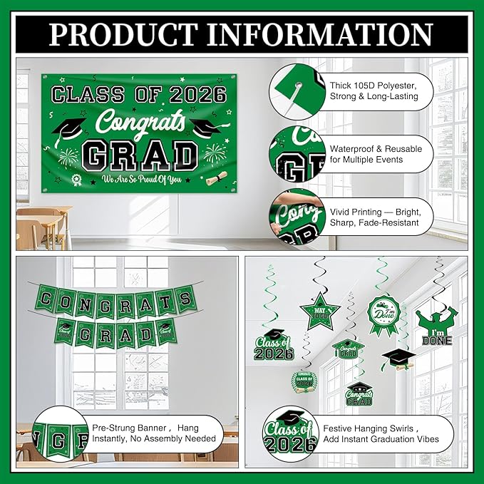 Graduation Decorations Class of 2026 Green Graduation Party Decor Set include Congrats Grad Banner Backdrop Class of 2026 Balloons Party Supplies