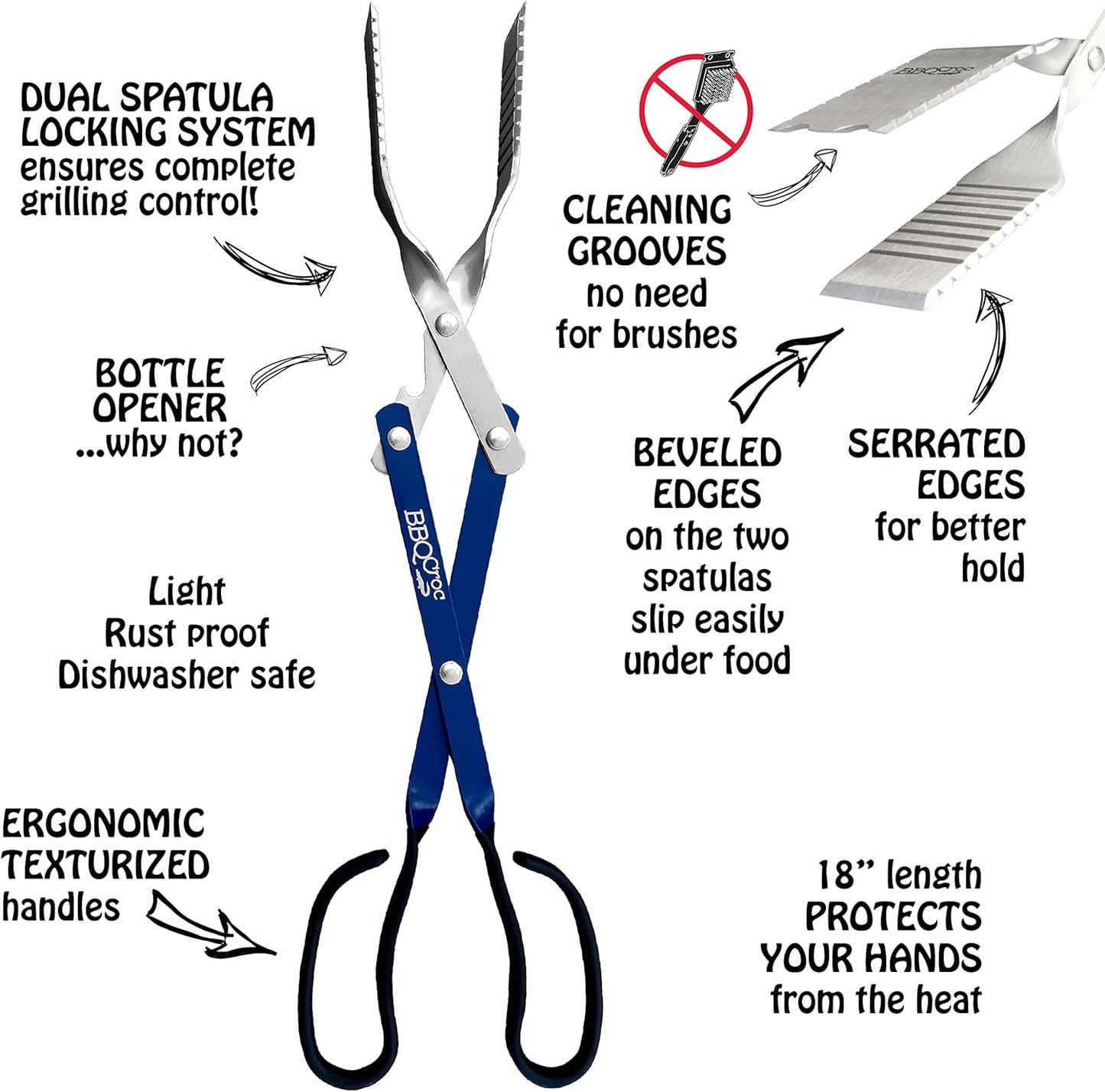 BBQ Croc 3-in-1 Barbecue Tool 18-inch + 15-inch 2-Pack - Extra Light and Long Tongs, Spatula and Grill Scraper (Blue) (18 inch + 15 inch)