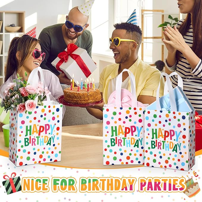 Supervitae 24 Pack Happy Birthday Gift Bags Bulk Medium Rainbow Polka Dot Party Favor Bags Reusable Totes Non Woven Goodie Totes for Birthday Baby Shower Wedding Party Supplies(9.8" x 7.9" x 3.9")