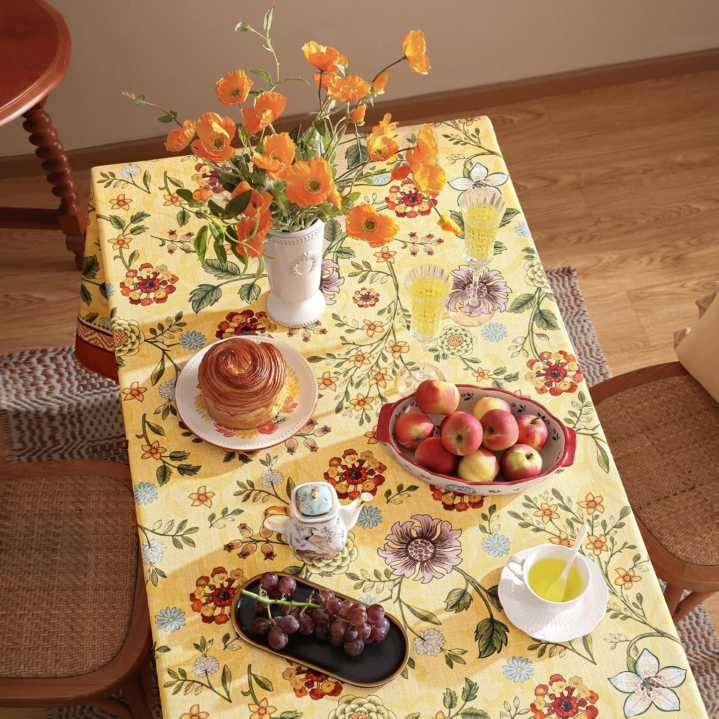 Vintage Linen Tablecloth for Rectangle Table,Yellow Floral French Wrinkle Free Extra Long Tablecloths,Decor Table Cover for Kitchen,Dining,Thanksgiving,Christmas,63"*110"-Bellano