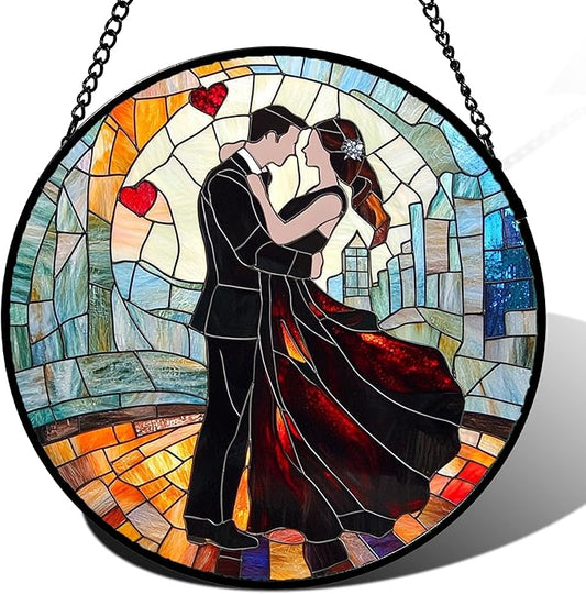 Stained Glass Window Hanging Couples Embracing Red Heart 9.8" - Suncatcher Door Garden Sun Catcher Decor Birthday Anniversary Valentines Day Gifts for Woman Wife Men Her Him Lovers
