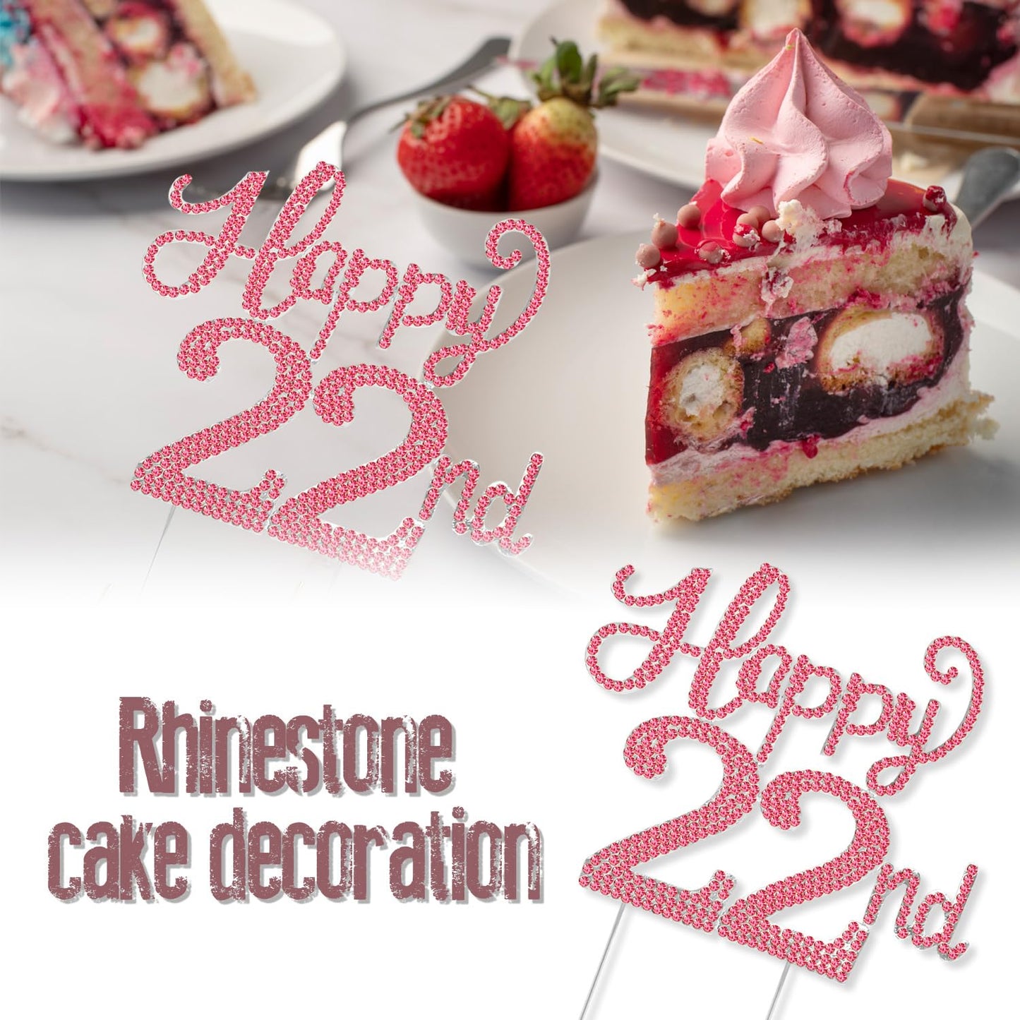 Happy 22nd Birthday Decorations,22nd Birthday Silver & Red Rhinestone Cake Topper - Cheers to 22 Years Old Bday Party Metal Sparkly Cake Centerpieces Sign.