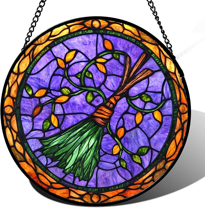 Stained Glass Window Hanging - Halloween Decorations Witch Magic Broom Suncatcher for Doors Garden Spooky Funny Purple Sun Catchers Gothic Decor Horror Gifts for Women Men Friend 7.8 in