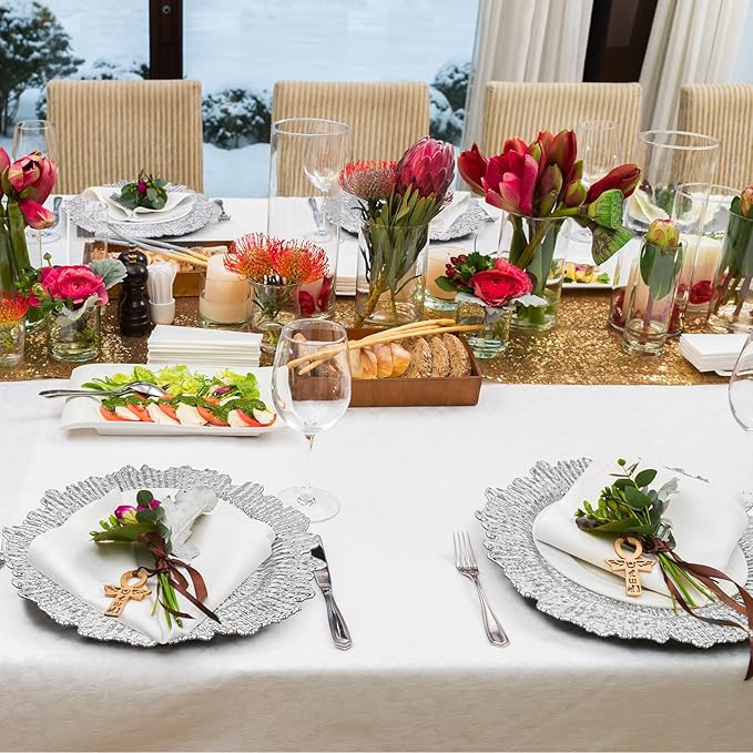 32 Pack Charger Plates Set Reef Chargers for Dinner Table Serving Tray Floral Plastic Decorative Plates for Table Setting Wedding Party, 13 Inch(Silver)