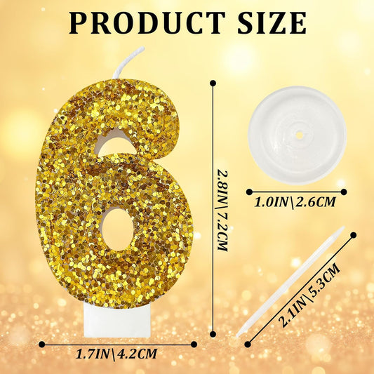 Birthday Number Candles, Glitter Number Candle Cake Decorations with Sequins, Cupcake Decorations for Girls, Women, Party Anniversary Celebrations (Number 6, Golden)
