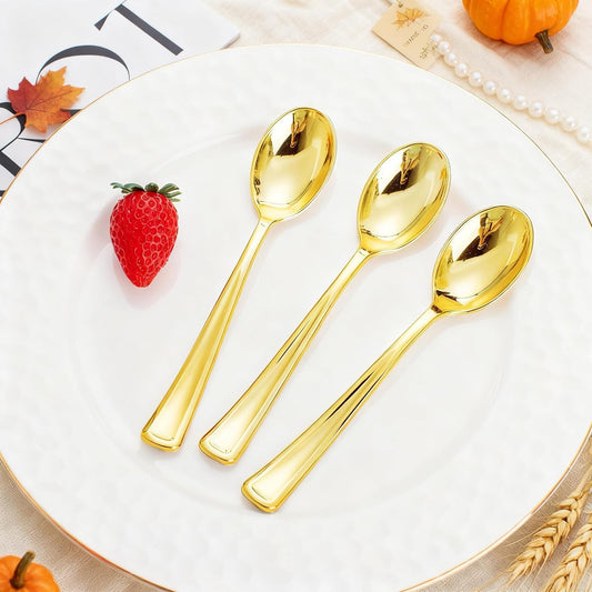 WDF 100 Pack Gold Plastic Spoons Disposable - Durable Heavy Duty 6.9 Inch Gold Spoons, Heat Resistant Modern Disposable Spoons Perfect for Thanksgiving Parties, Wedding, Banquets