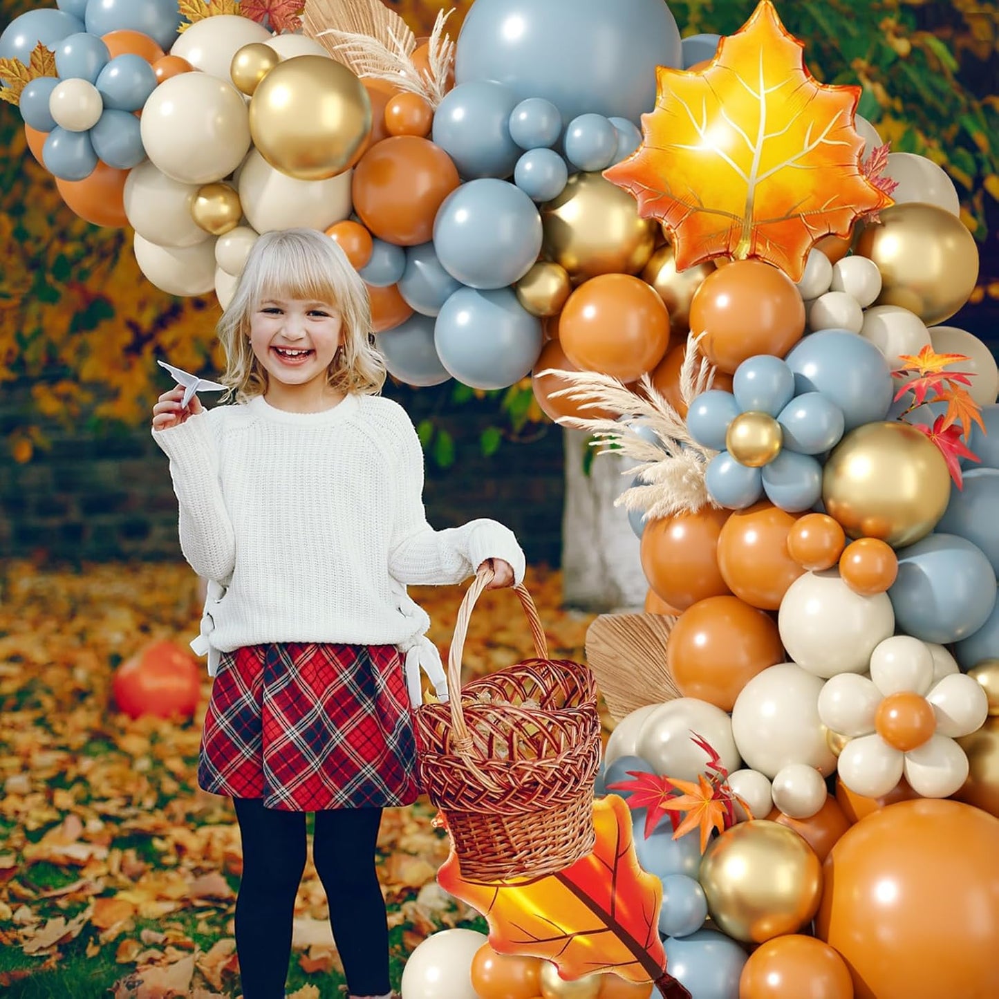 Fall Balloon Garland Arch Kit, Dusty Blue and Retro Orange Gold Confetti Balloons with Leaf Foil Balloons for Thanksgiving Party Autumn Fall Birthday Baby Shower Party Decorations