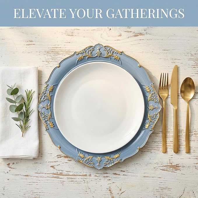 Blue Charger Plates, 13 Inch Embossed Chargers for Dinner Plates. Plastic Charger for Wedding, Party. (Set of 6)