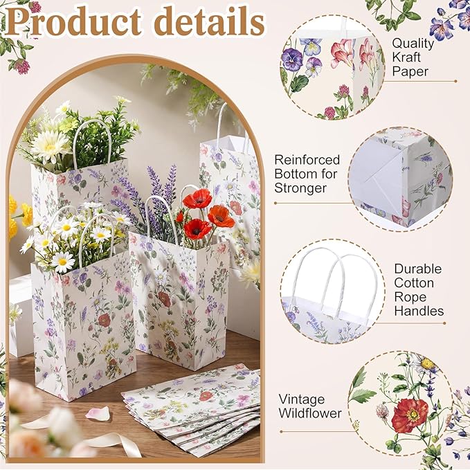 Marspark 24 Pcs Vintage Wildflower Paper Gift Bags for Wedding Bridal Baby Shower Engagement Birthday Party Supplies Floral Treat Bag with Handles Candy Goodie Bags for Guests, 8.3'' x 5.9'' x 3.1''