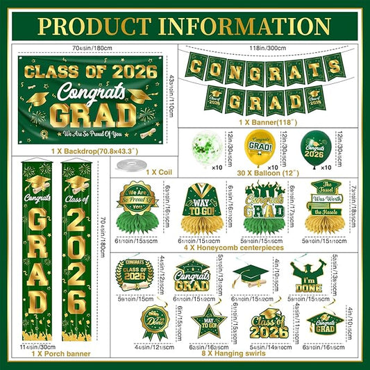 Graduation Decorations Class of 2026 Green and Gold Graduation Party Decor Set include Congrats Grad Banner Backdrop Class of 2026 Balloons Party Supplies