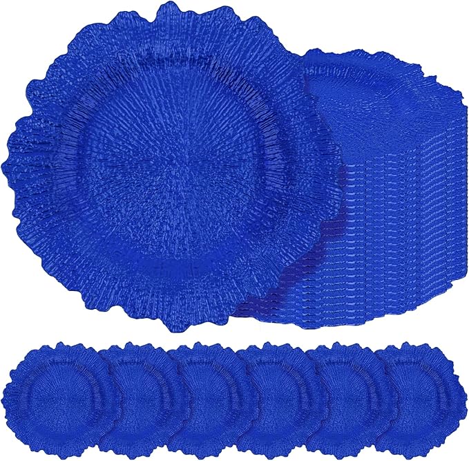 24 Pcs Royal Blue Charger Plates Bulk 13 Inch Plastic Charger Plates for Dinner Plate, Royal Blue Chargers for Table Setting, Reef Design Plate Floral Decorative Round Chargers for Wedding Party Event