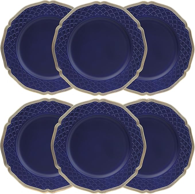 Royal Blue Charger Plates with Beaded Rims, Set of 6 Plastic Wedding Bulk Plate Charges for Dinner Plates, Table Decoration, Holiday, Thanksgiving, Christmas.