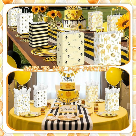 Kolldenn 24 Pcs Bee Party Gift Bags with Handles Paper Candy Treat Goodie Bags Scalloped for Birthday Decoration for Bridal Baby Shower Tea Party Supplies