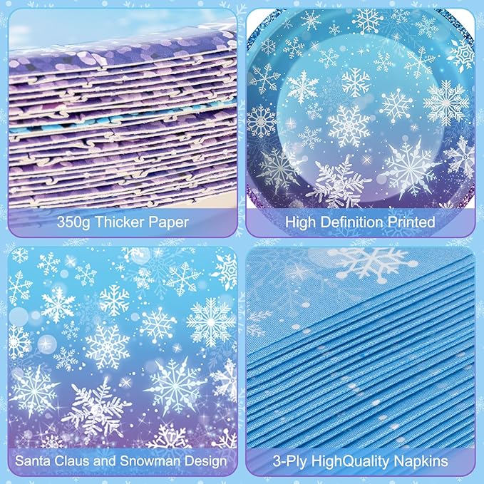 100 Pcs Frozen Plates and Napkins Sets - Snowflake Round Tableware, Disposable Winter Paper Dessert Plates and Napkins Forks for Christmas Winter Wonderland Party Supplies Table Decor, Serves 25