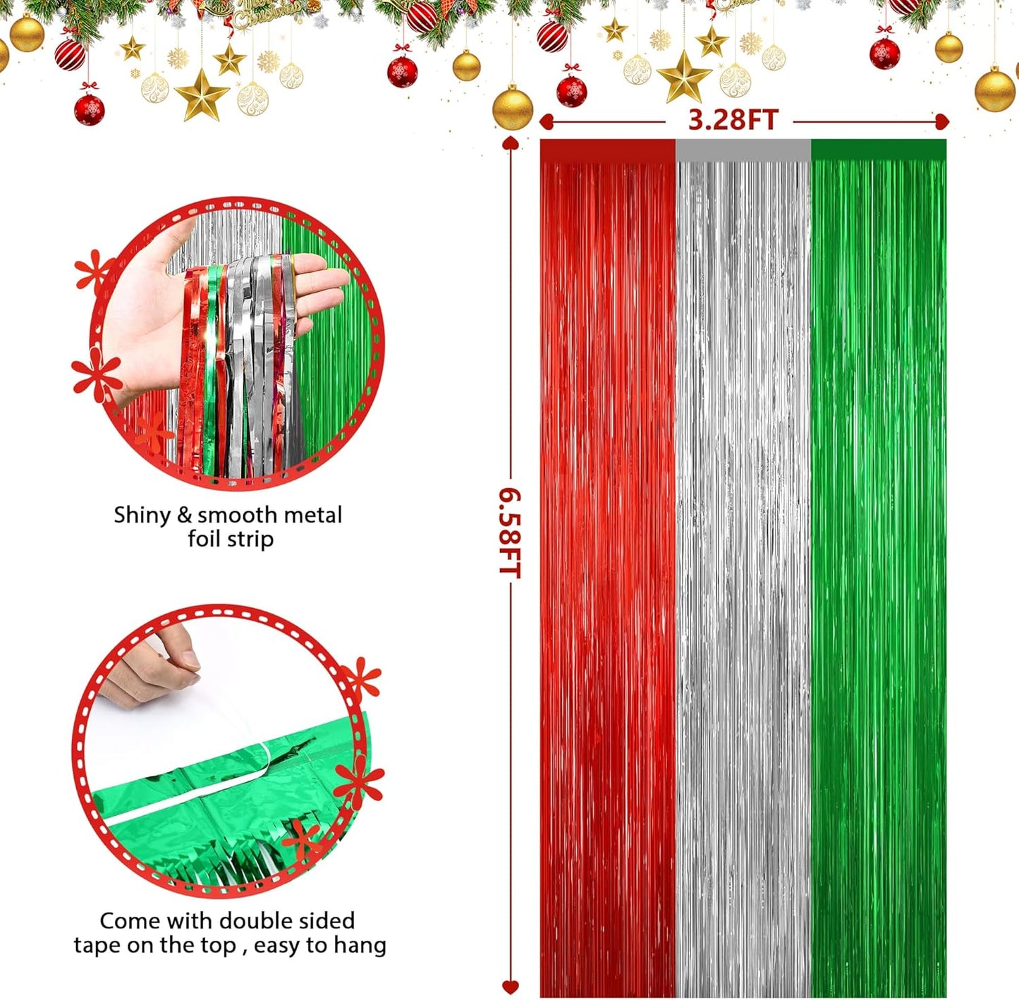 2 Pack Red Silver and Green Metallic Tinsel Foil Fringe Curtains, Door Streamers Photo Booth Backdrop for Birthday Party, Tinsel Curtain Backdrop for Christmas Theme Party Decorations
