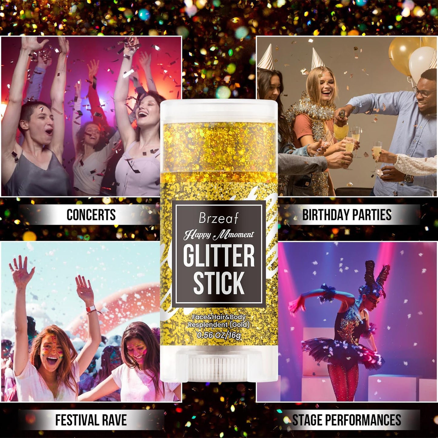 Brzeaf Waterproof Gold Glitter Stick, Face Glitter Makeup, Shimmery & Long Lasting, Chunky Glitter for Face/Body/Hair/Eyes/Lip, Singer Concert Music Halloween Christmas Rave Festival