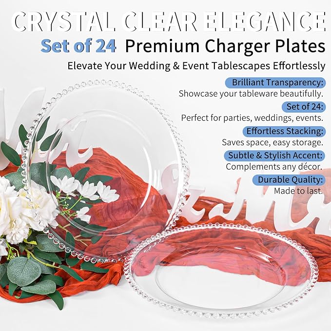 24 Pack Clear Charger Plates Bulk Wedding, 13 Inch Plastic Round Dinner Chargers with Clear Beaded Rim, Acrylic Round Decorative Plates for Wedding Party Home and Tabletop Decor