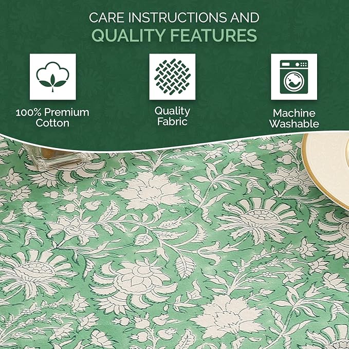 Labhanshi Indian Block Print Table Cloth|French Floral Handmade 10 Seater 72x135 Inch Rectangle Cotton Table Cover|Spring Easter St.Patrick Dining Tablecloth|Farmhouse Table Scape Decor|Green Leaf