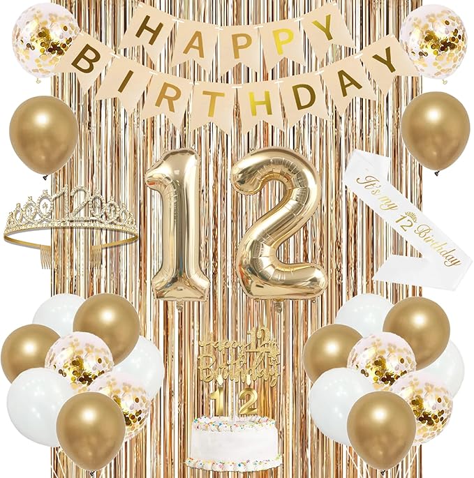 Trgowaul 12th Birthday Decorations for Girls, Banner, Sash and Crown, Cake Topper, 12 Number Balloon, Fringe Curtains, Champagne Gold 12th Birthday Party Supplies