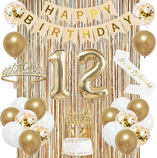 Trgowaul 12th Birthday Decorations for Girls, Banner, Sash and Crown, Cake Topper, 12 Number Balloon, Fringe Curtains, Champagne Gold 12th Birthday Party Supplies