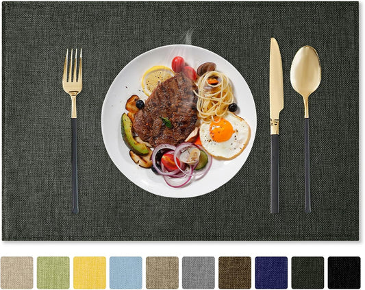 Romanstile Cloth Placemats Set of 8-12 x 18 Inch, Heat Resistant Double Layered Thickened Burlap Place Mats, Washable Faux Linen Farmhouse Table Mats for Kitchen/Dining/Party/Outdoor, Dark Grey