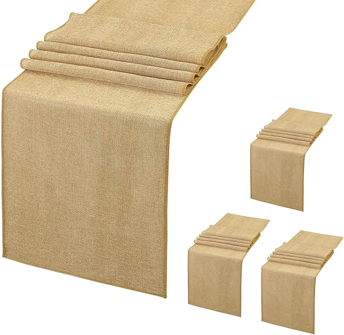 B-COOL 4 Pieces Burlap Table Runners: 13x108 Inch Khaki Rustic Jute Table Runner Thanksgiving Table Cover for Farmhouse Macrame Boho Fall Party Home Dining Decorations