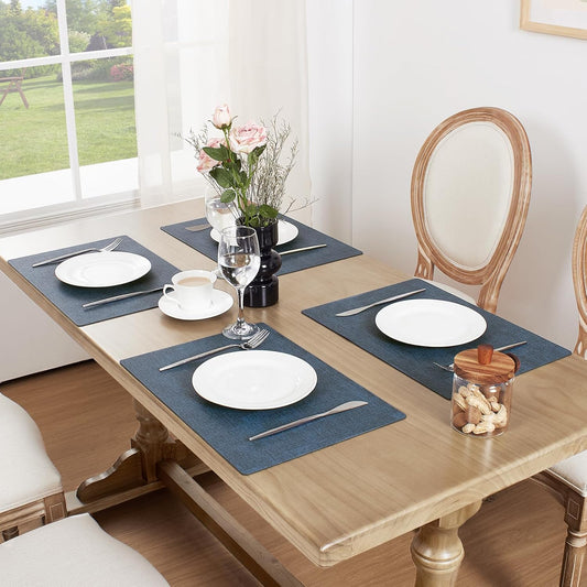 Softalker Vinyl Placemats Set of 8 - Faux Leather Heat Resistant Place Mats, 100% Waterproof Oilproof Wipe Clean Table Mats for Indoor & Outdoor Use, 17’’×12’’, Navy Blue