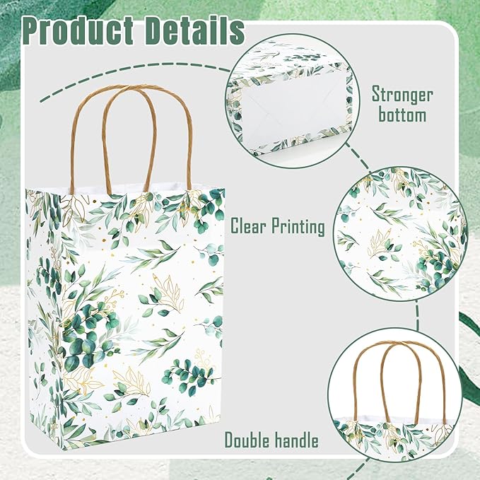 JarThenaAMCS 24Pcs Greenery Kraft Paper Gift Bags Green Gold Eucalyptus Leaves Treat Bags with Handles Candy Goodie Bag for Birthday Wedding Baby Shower Party Supplies