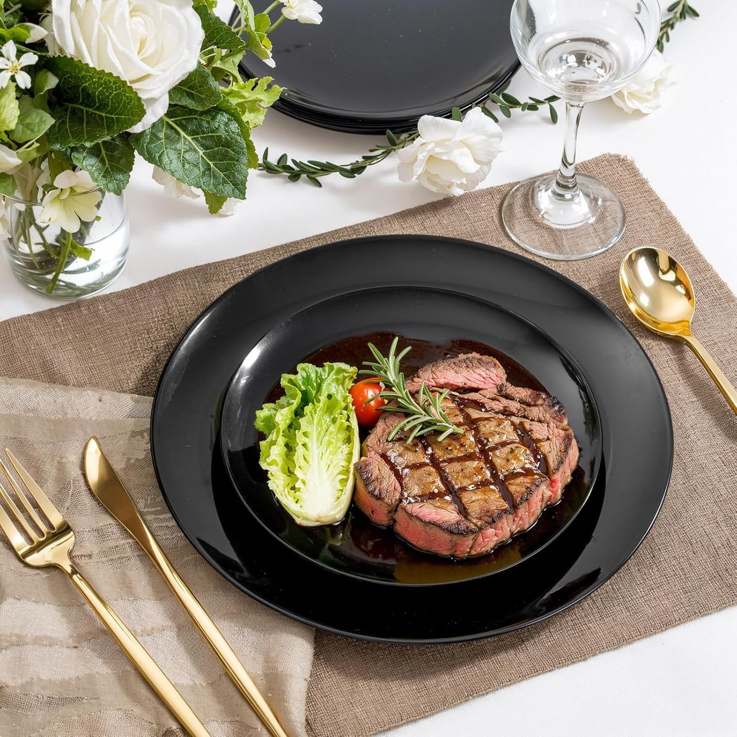 PULOTE 60 PCS Black Plastic Plates - Include 30 Dinner and 30 Dessert Plates, Black Disposable for Party,Birthday & New Year