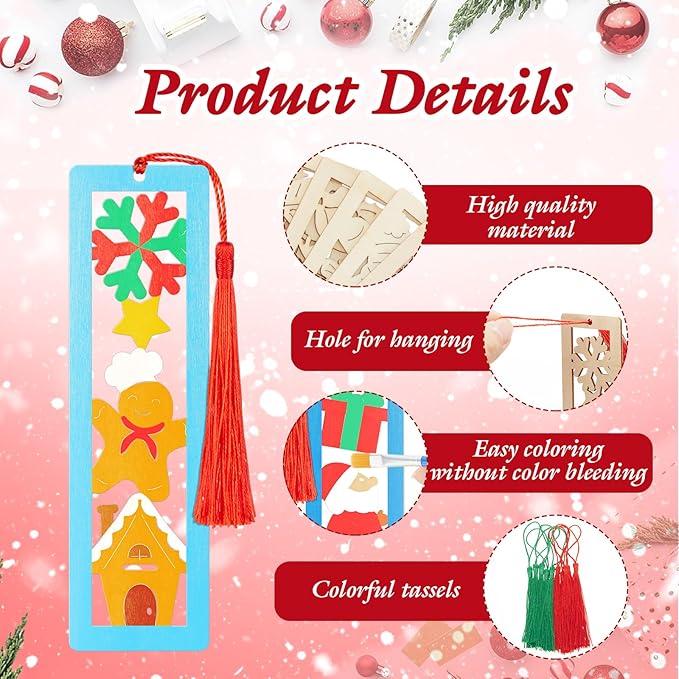 Yexiya 100 Pcs/50 Set Christmas DIY Wooden Bookmarks Bulk for Book Lovers, Christmas Bookmarks Decorations, Santa Snowman Elk Gingerbread Book Markers, Xmas Birthday Holiday Gift Art Project