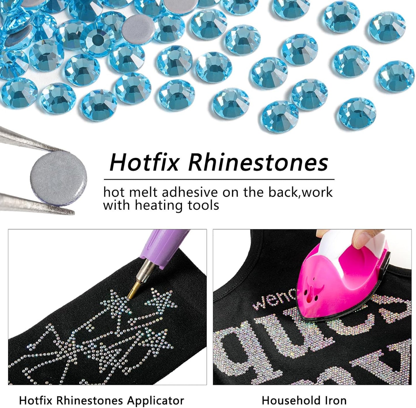 Beadsland Hotfix Rhinestones, 288pcs Crystal Rhinestones for Crafts Clothes DIY Decoration, Aquamarine, SS34, 7.0-7.3mm