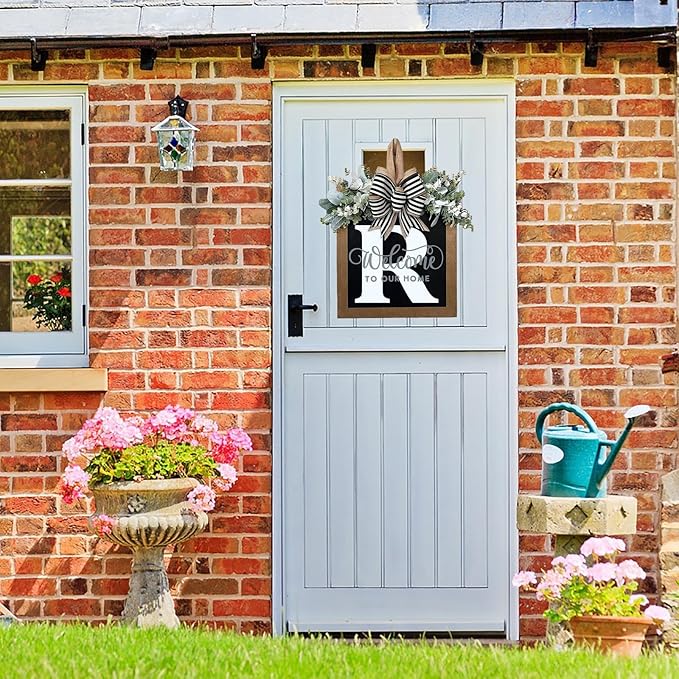 Last Name Year Round Front Door Wreath Front Porch Decoration 26 Letter Welcome Sign with Eucalyptus Garland and Bow Spring Wreaths for Front Door Outside Hanger Garland（R）