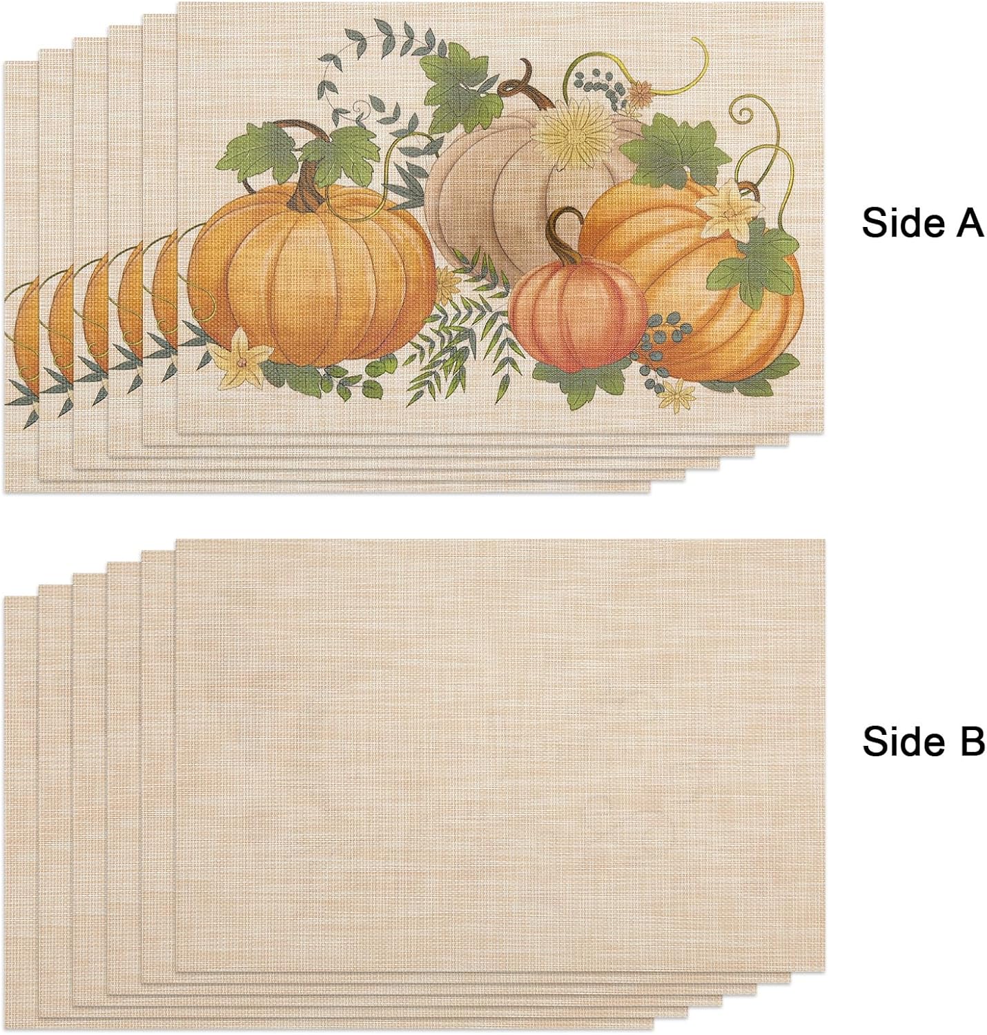 Thanksgiving Placemats Set of 6 Fall Place Mats Pumpkin Maple Leaves Table Mats Washable Non-Slip Heatproof Woven Placemats for Dining Table (17.7" X 11.8")