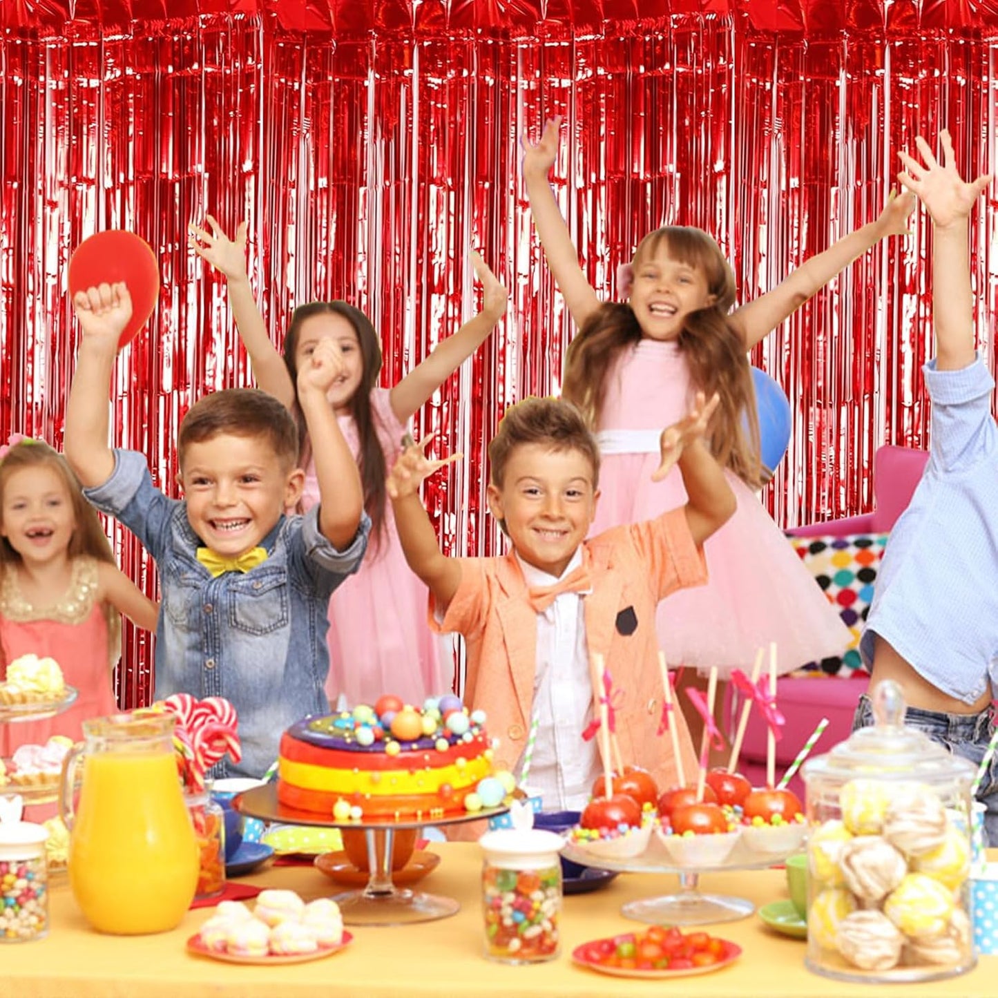5 Pack Red Foil Curtain Backdrop 3.2ft x 9.8ft Metallic Tinsel Foil Fringe Curtains Streamer Photo Booth Backdrop for Birthday Party Engagement Bachelorette Party Decorations (Red)