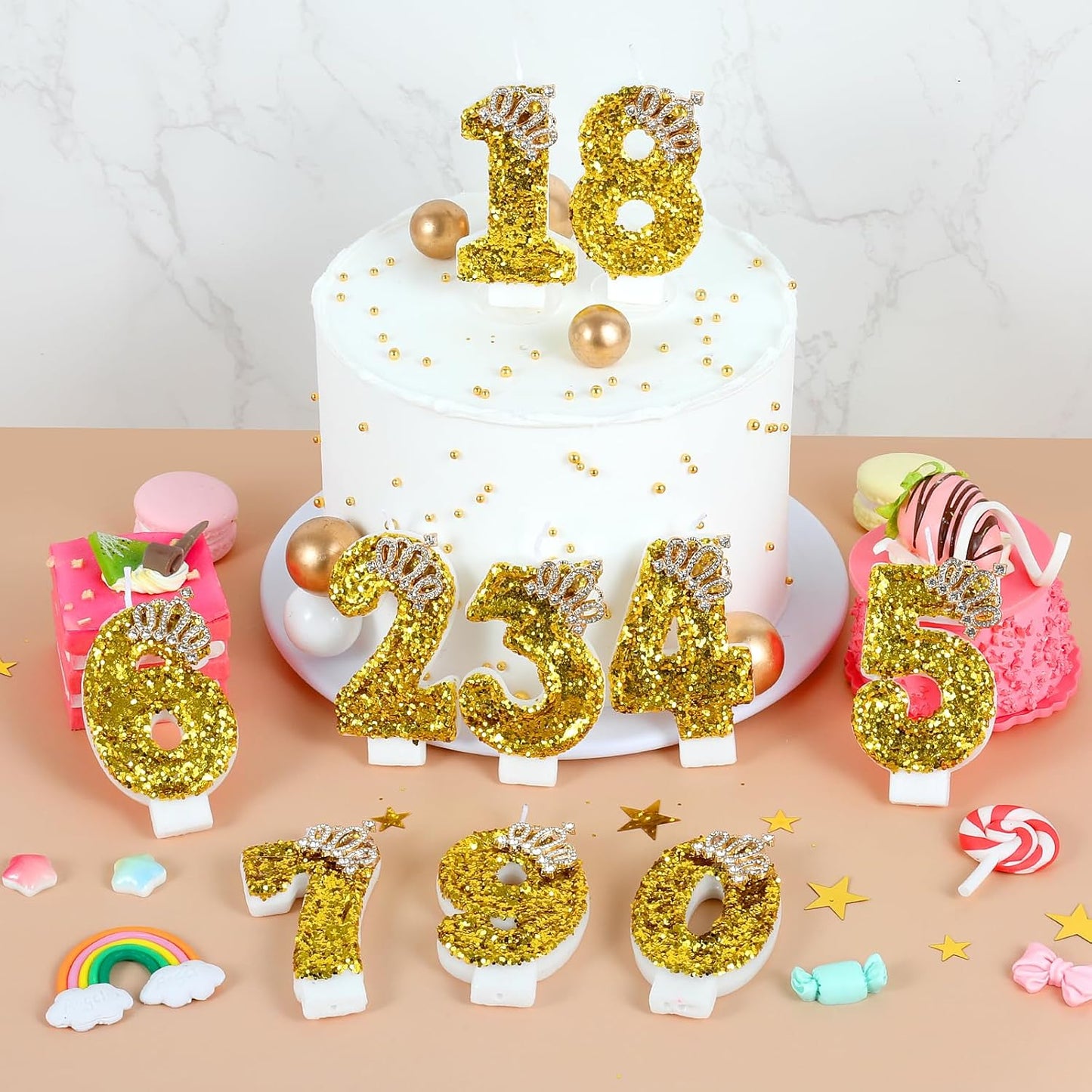 Gold Birthday Candle Crown Number 0 Candle with Sequins Cake Candles Cupcake Decorations Party Decor for Anniversary Celebrations Supplies