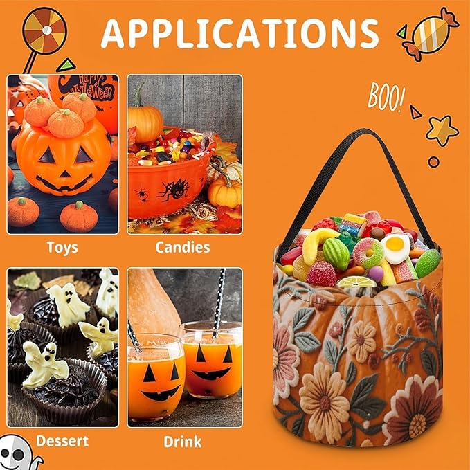 Halloween Candy Bucket - Fall Pumpkin Ethic Boho Floral Trick Or Treat Candy Bag, Gift Bag for Party Favor Supplies
