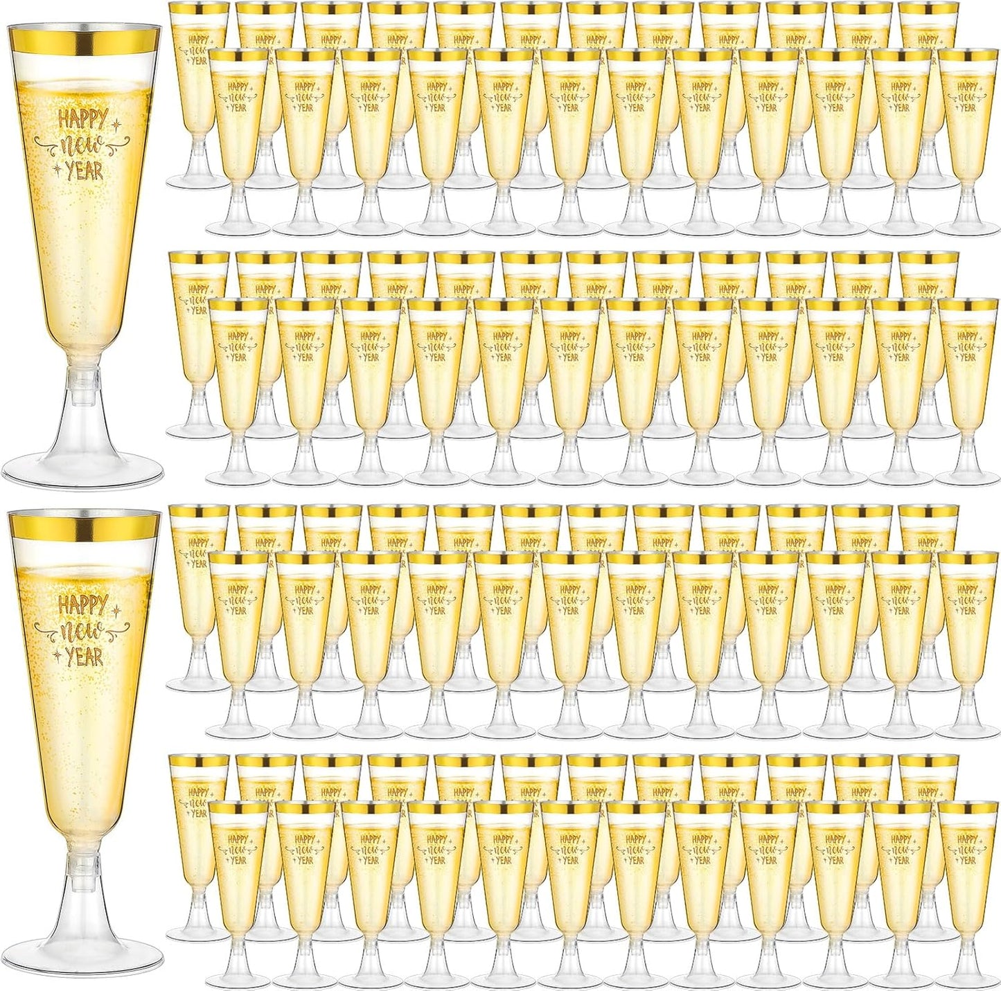 Zhehao 100 Pcs Plastic Champagne Flutes Bulk 5 oz Disposable Happy New Years Wine Glass Gold Rim Champagne Glasses for New Years Eve Toasting Drinking Party Supplies 2026